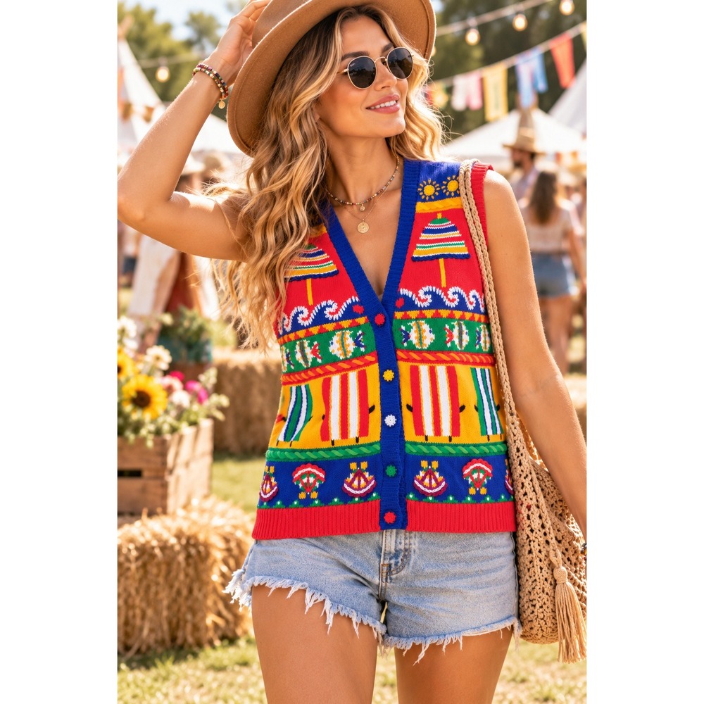 Marisa Christina Petite Vintage Beach Novelty Knit Sweater Vest Red PS
